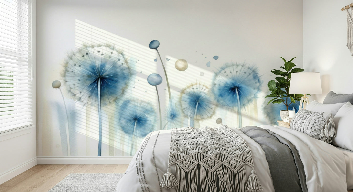 Dandelion Whispers Wall Mural in Blue – Airy, poetic mural capturing the motion of dandelion seeds floating through blue light.