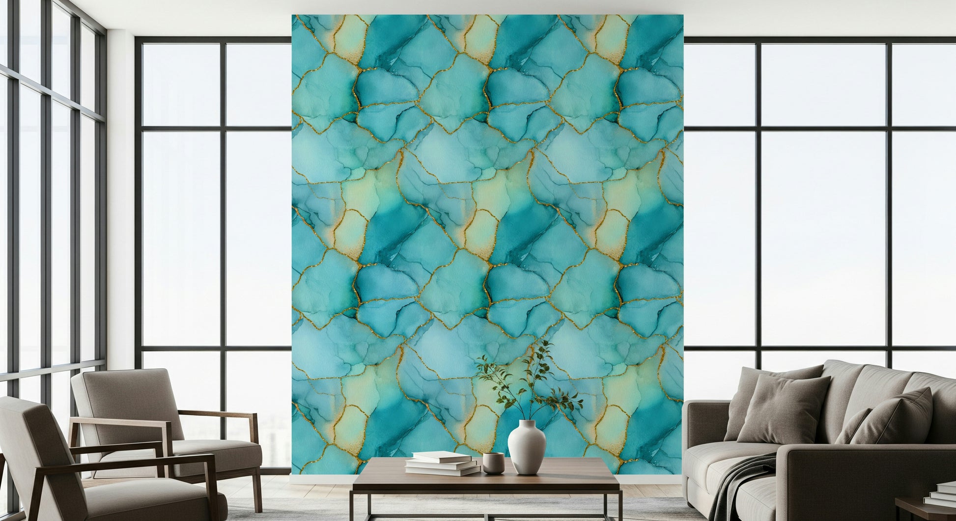 Aqua and Gold Marble Wall Mural – Dreamy teal-blue marble pattern accented with metallic gold highlights.