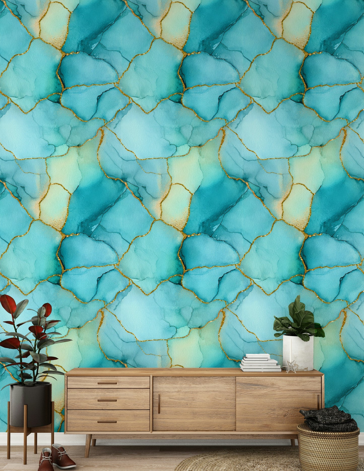 Dreamy Aqua and Gold Abstract Wallpaper – Soft watercolor-like marble design with gold veining and fluid, artistic texture.