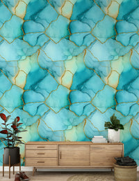 Dreamy Aqua and Gold Abstract Wallpaper – Soft watercolor-like marble design with gold veining and fluid, artistic texture.