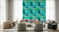 Detailed mosaic wallpaper with aqua marble slices accented with gold highlights