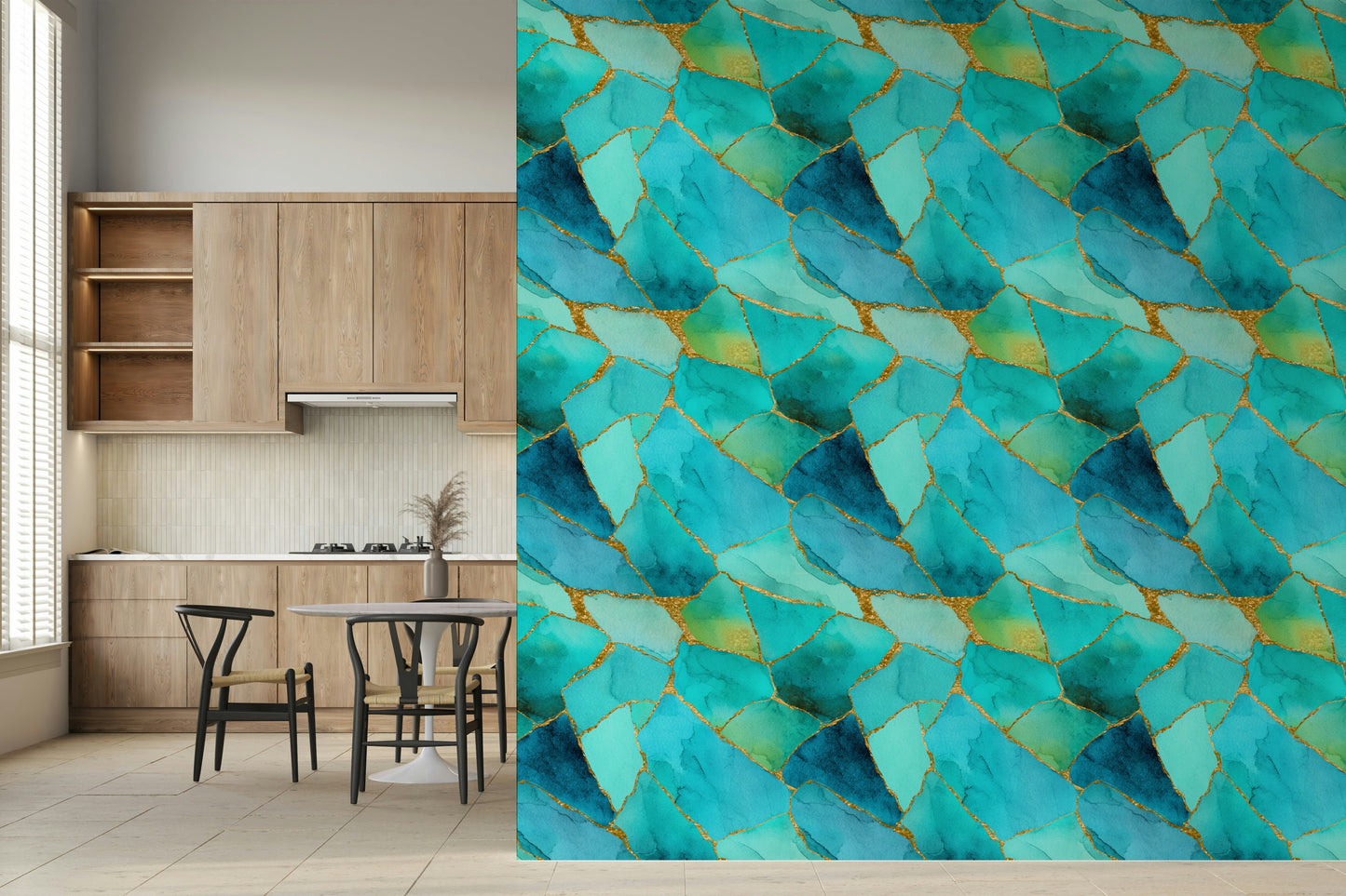 Vibrant wall mural featuring abstract aqua marble with gold veining