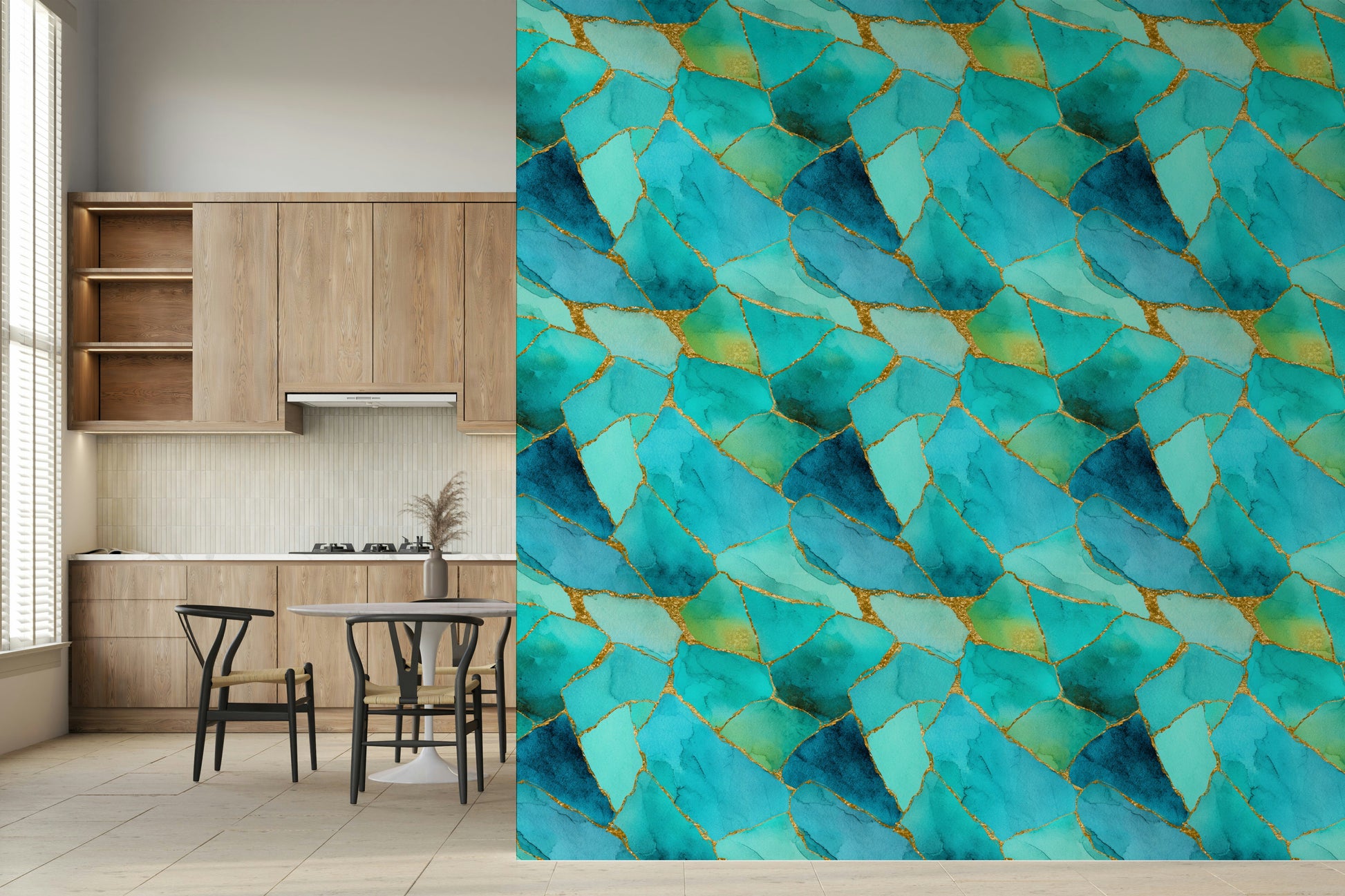 Vibrant wall mural featuring abstract aqua marble with gold veining