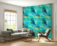 Contemporary wallpaper of aqua and gold marble creating a mosaic effect