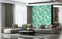 Sophisticated wall covering inspired by aqua marble with gold veining