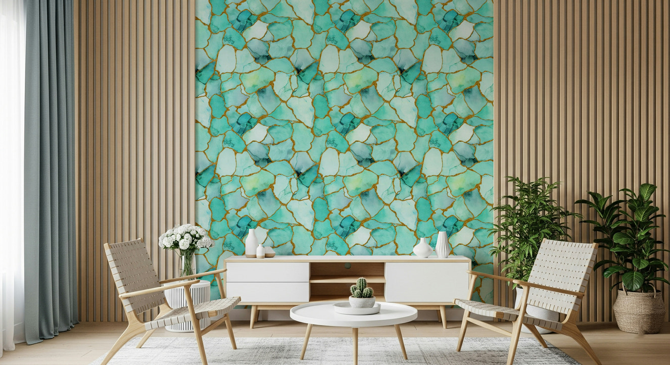 Luxurious wall covering with aqua marble patterns accented by gold