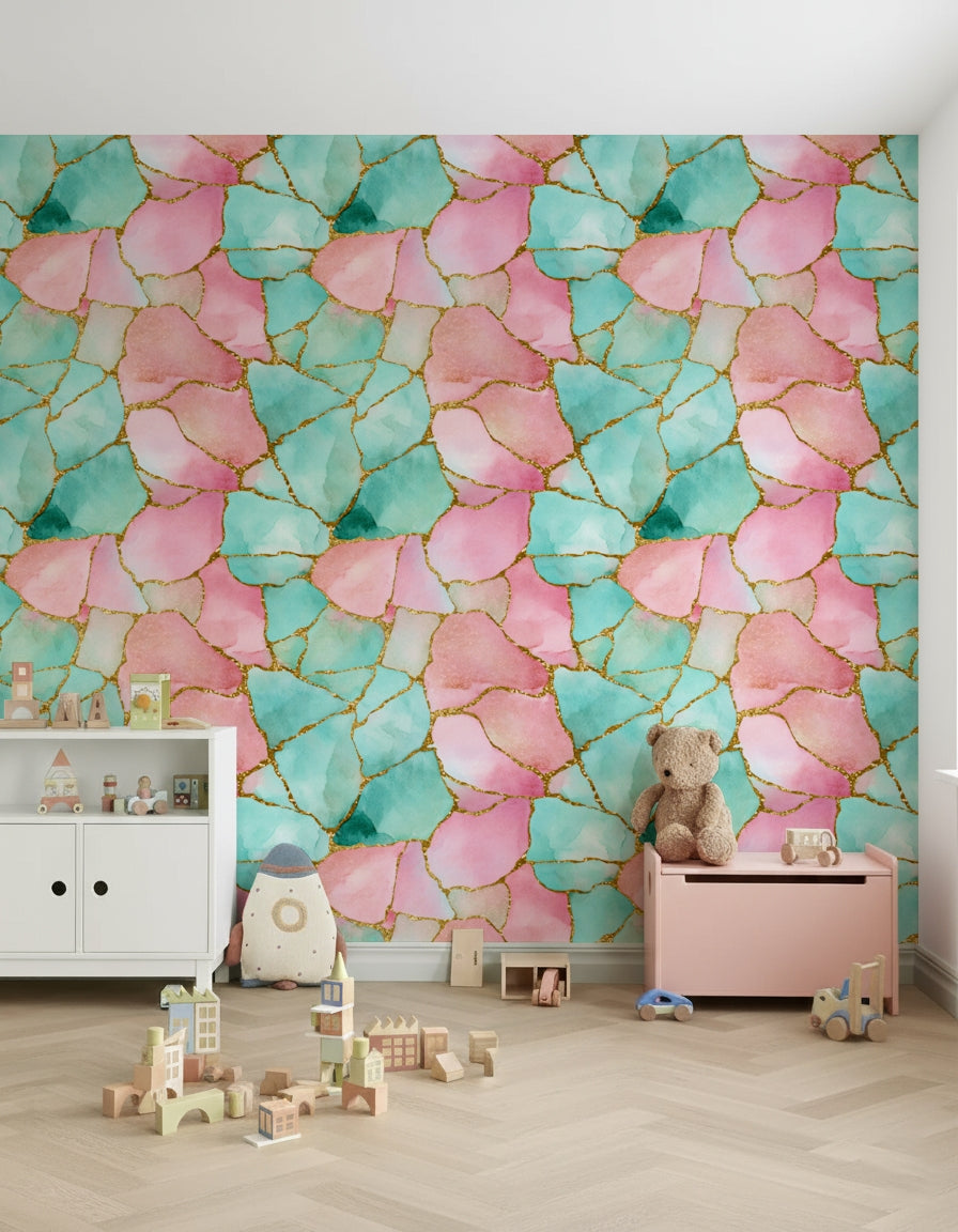 Sophisticated abstract wallpaper of pink and turquoise swirls with gold highlights