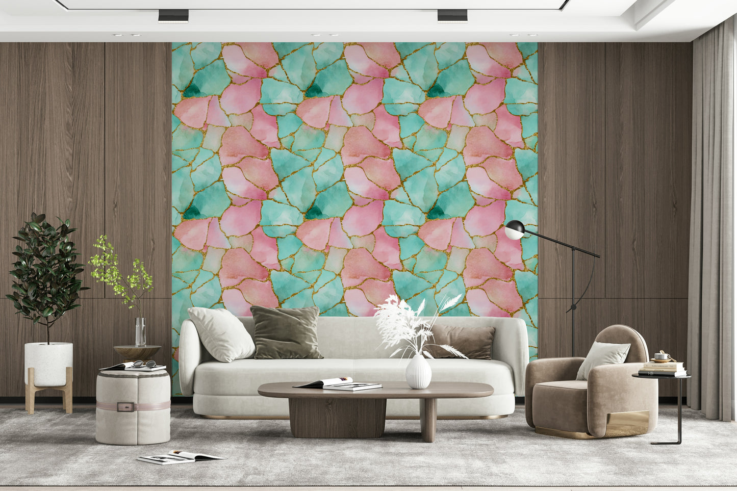 Modern wallpaper design blending turquoise and pink with metallic gold veins