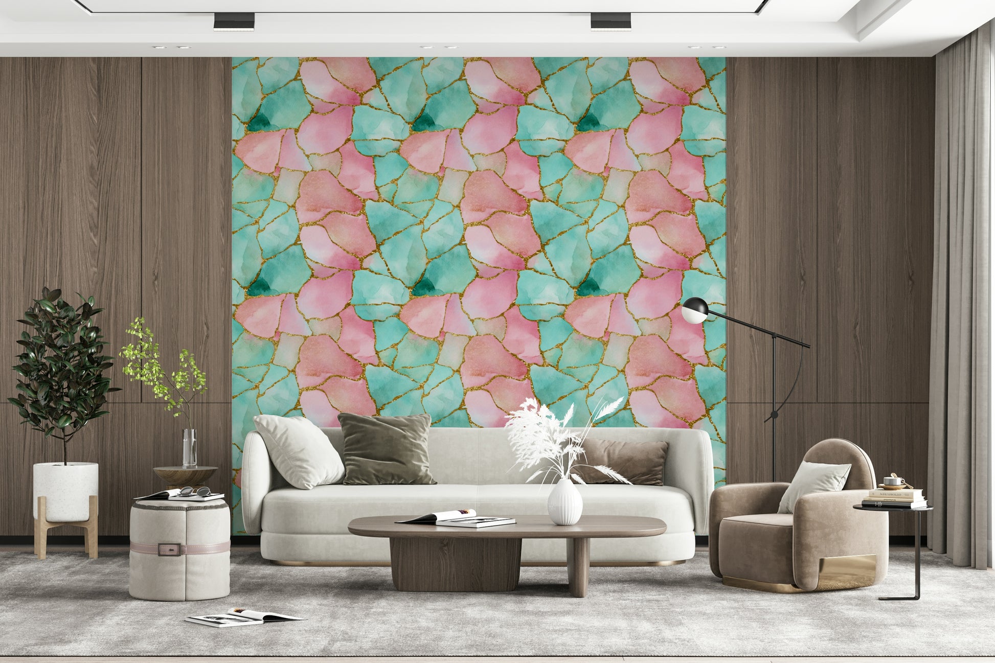 Modern wallpaper design blending turquoise and pink with metallic gold veins