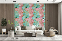 Modern wallpaper design blending turquoise and pink with metallic gold veins
