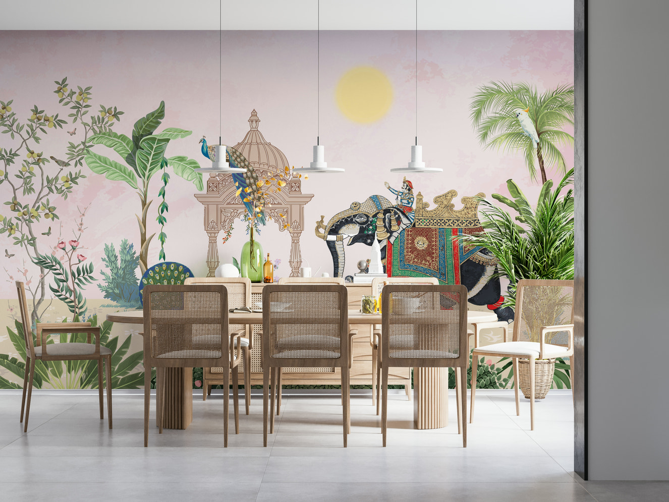 Exotic mural with a majestic elephant surrounded by lush foliage and peacock feathers