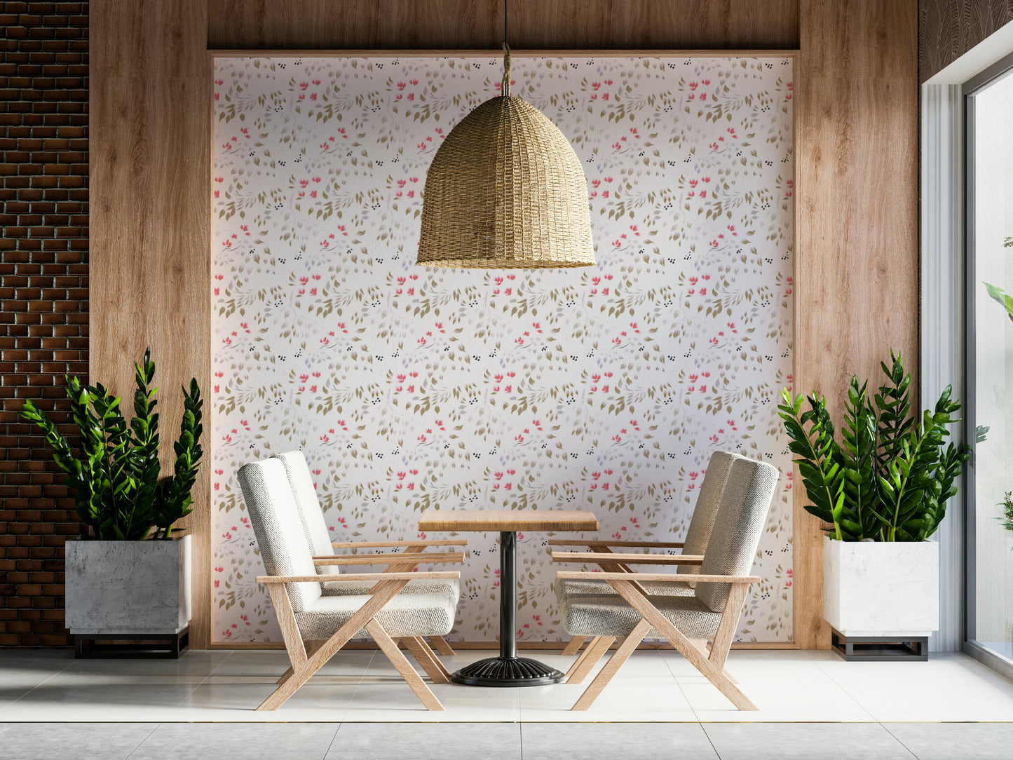 Decorative wall covering with hand-painted flower petals design