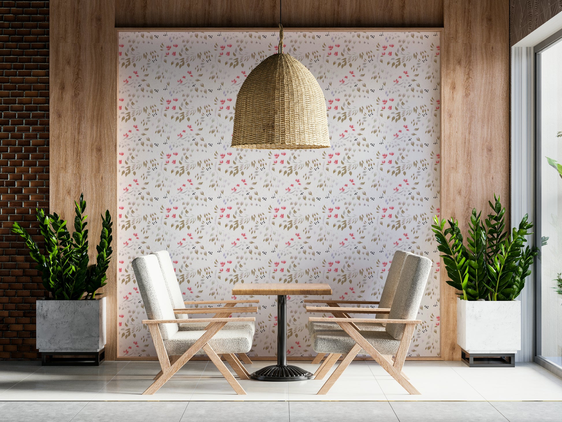 Decorative wall covering with hand-painted flower petals design