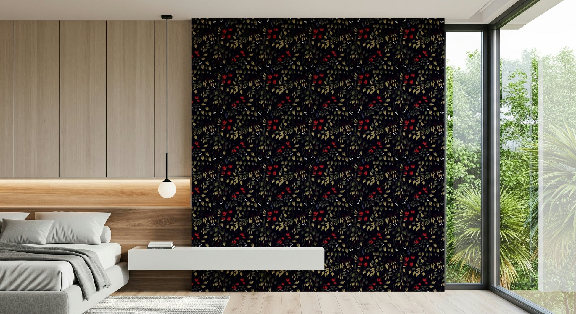 Romantic wallpaper with shadowed flowers creating a secret garden effect