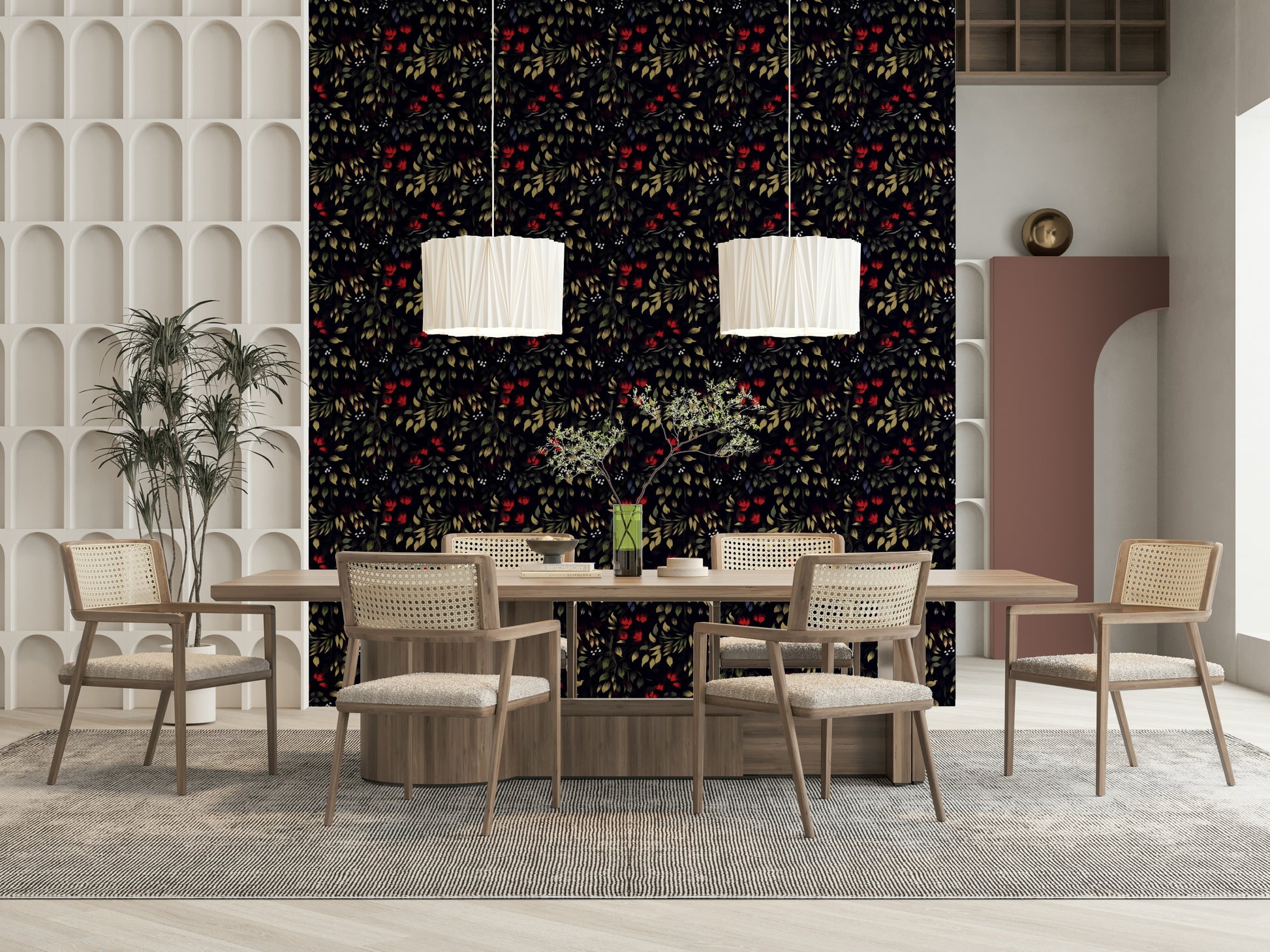 Nature-inspired wall mural with dramatic blooms in noir palette