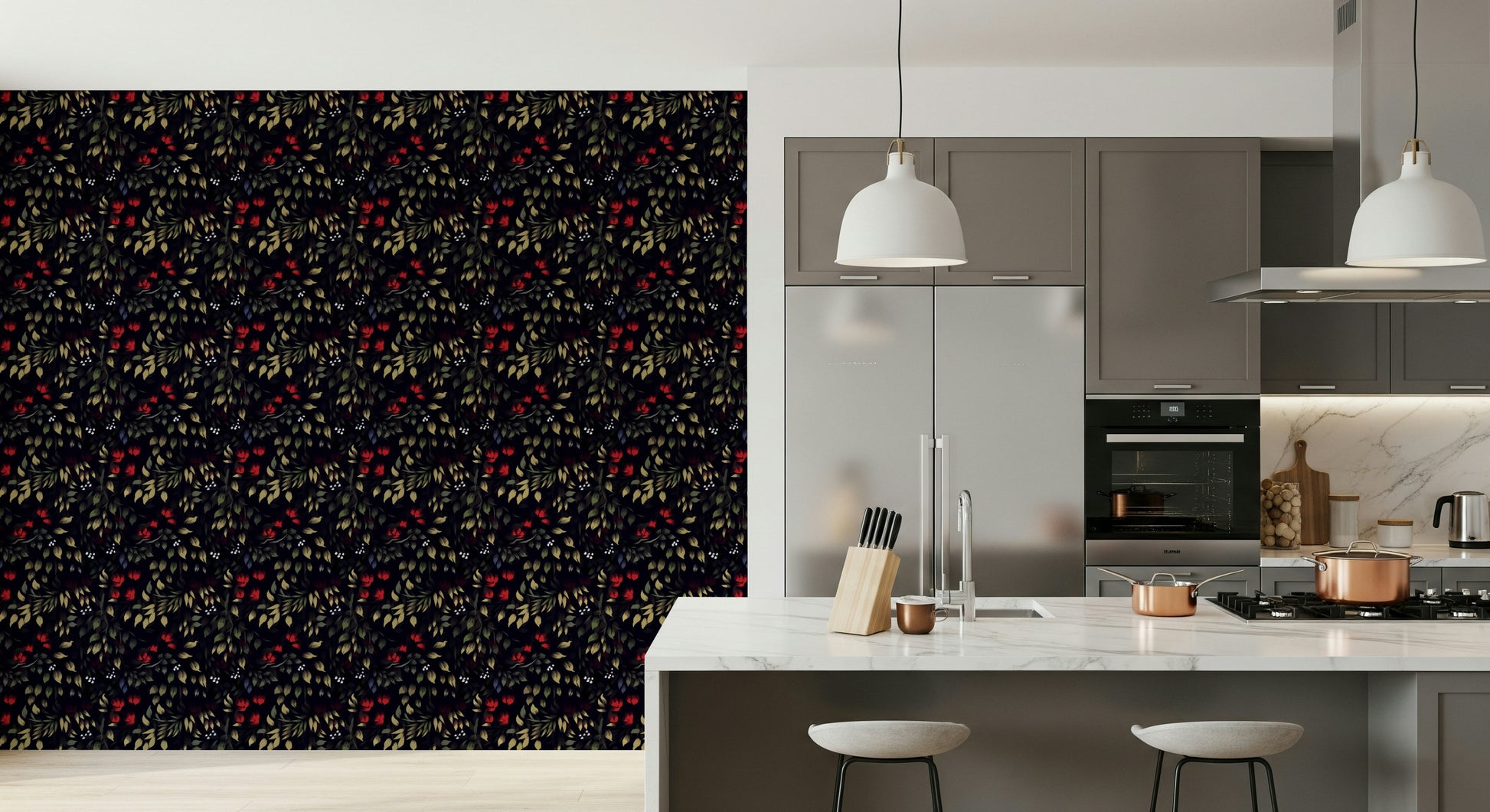 Whimsical dark floral wallpaper evoking a hidden secret garden