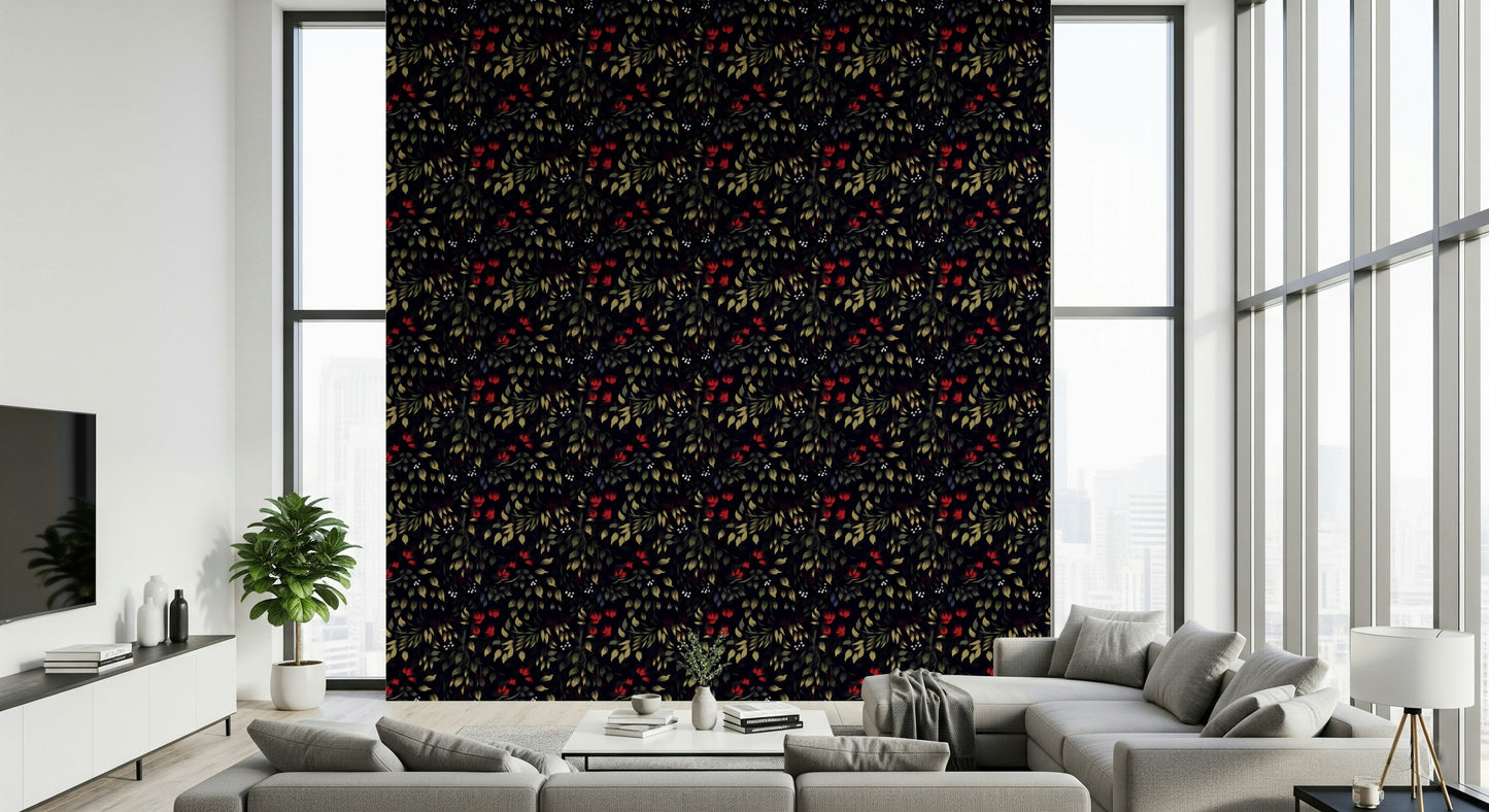 Decorative wall art of noir-inspired garden with lush botanical patterns
