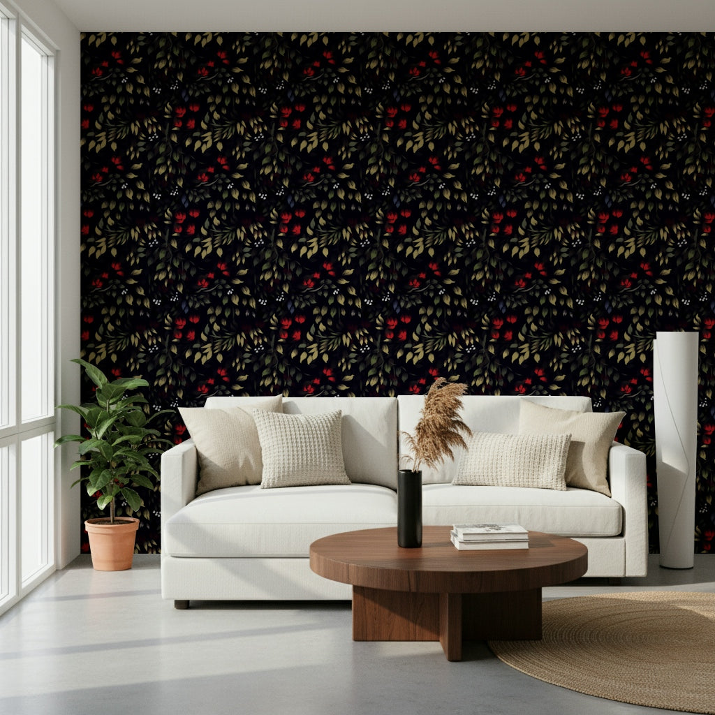 Sophisticated wall covering with noir-inspired secret garden design