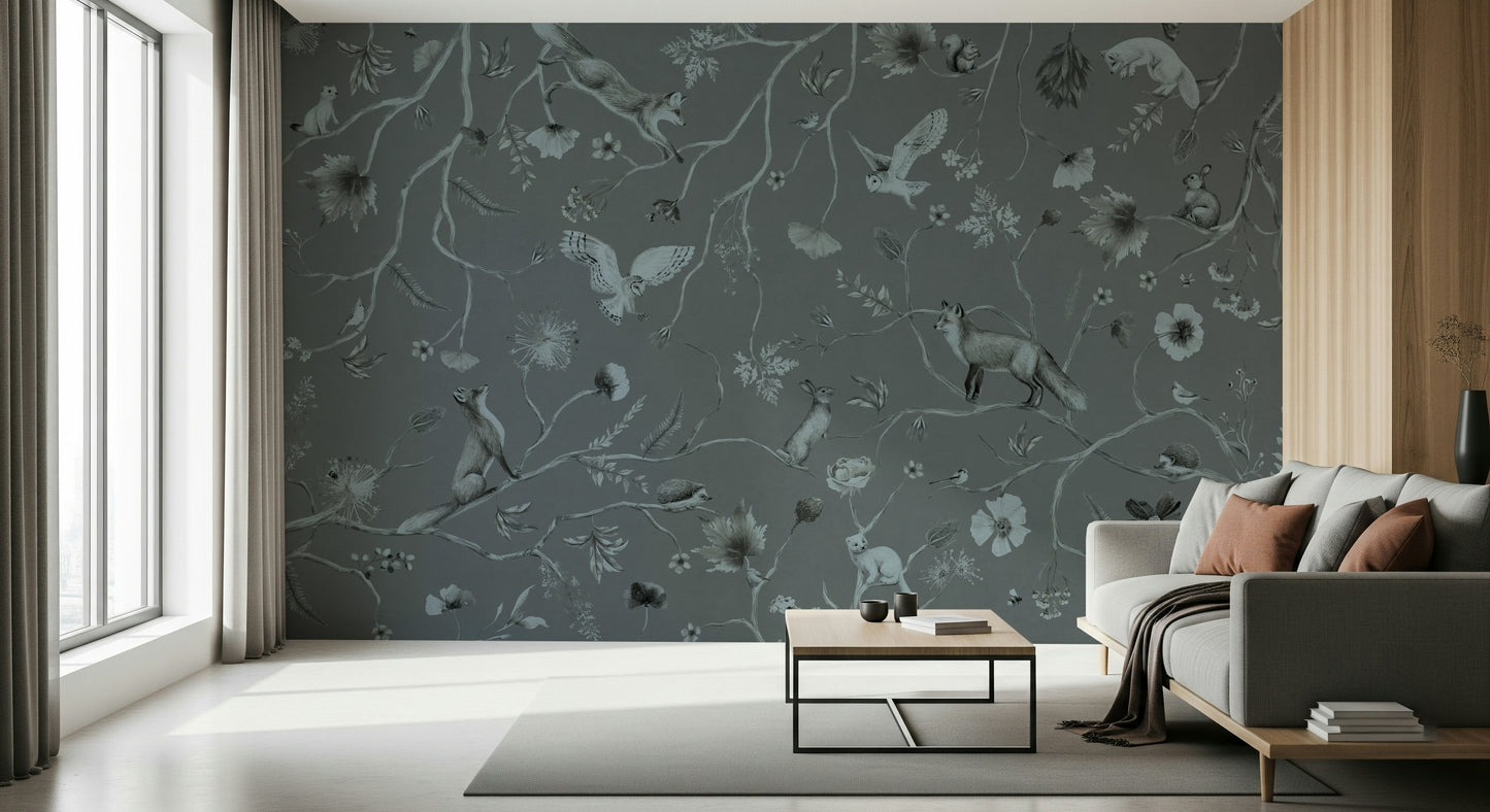 Whimsical wall art of forest trees and gentle woodland scenery in gray