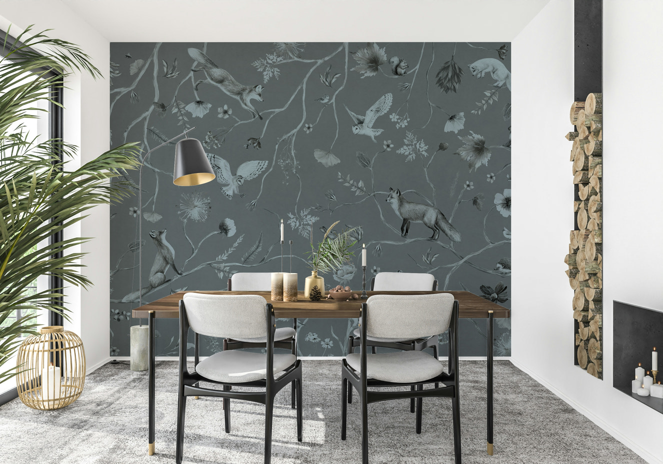 Serene woodland mural in gray tones featuring trees and soft forest foliage