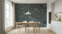 Nature-inspired wall covering showcasing layered woodland trees in soft gray