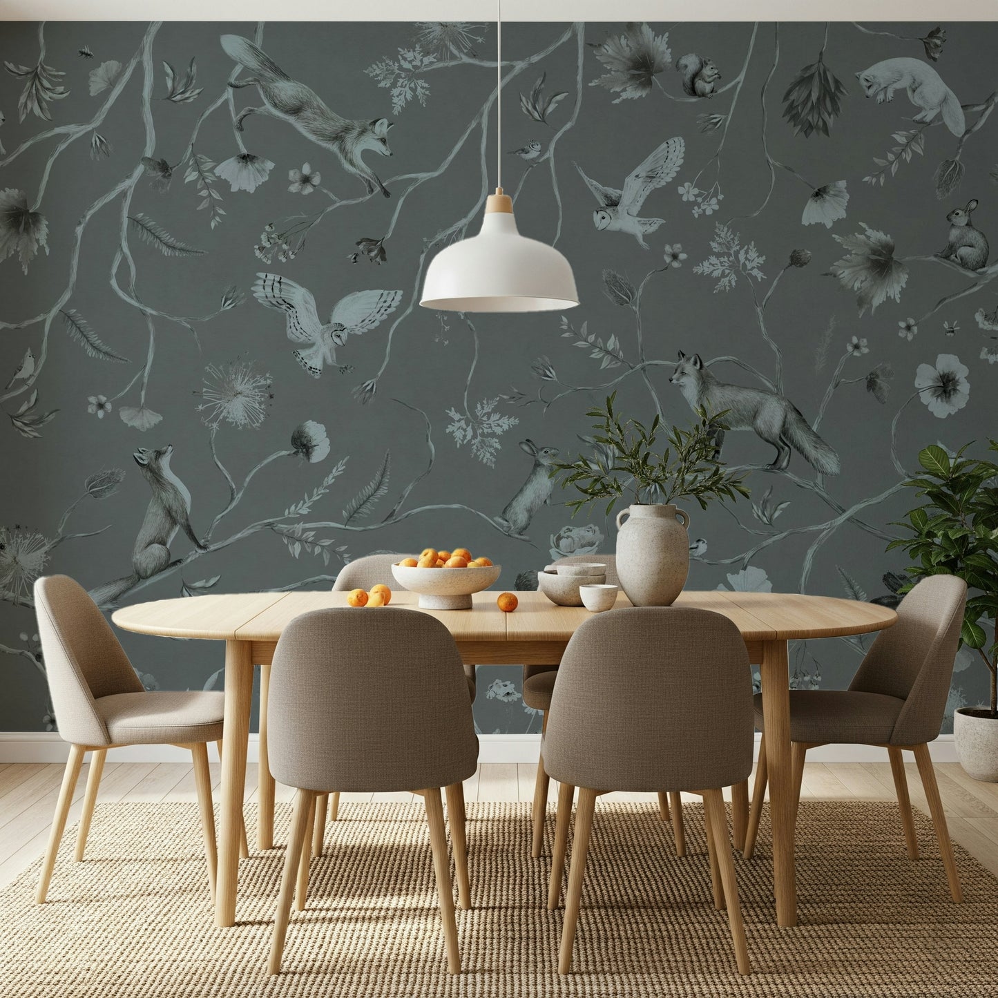Artistic mural of a tranquil gray woodland landscape with subtle textures