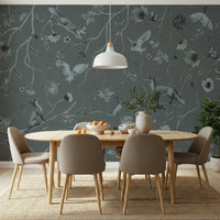 Artistic mural of a tranquil gray woodland landscape with subtle textures