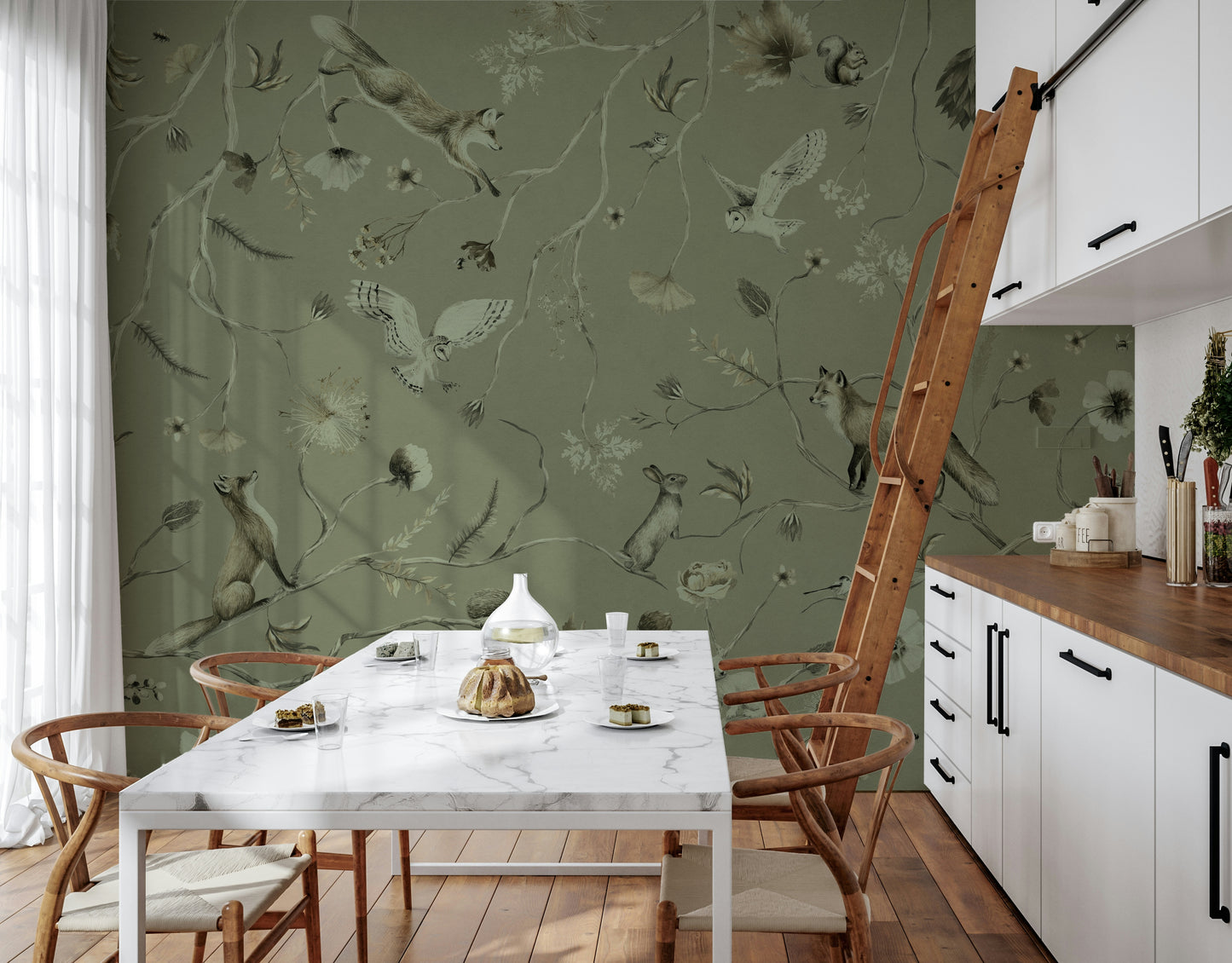 Lush forest mural featuring detailed leafy branches and undergrowth