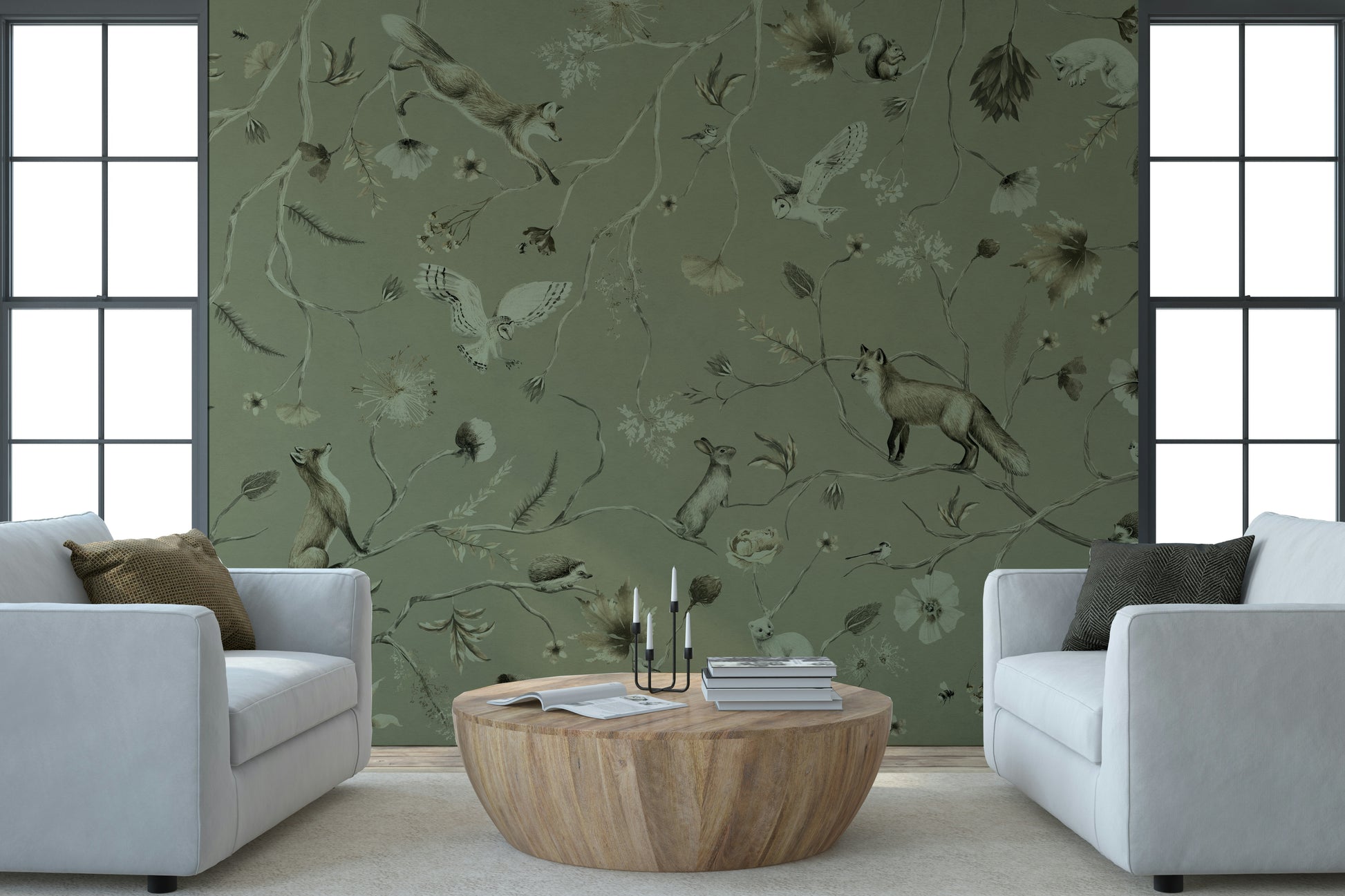 Whimsical wall art of woodland trees with soft greenery