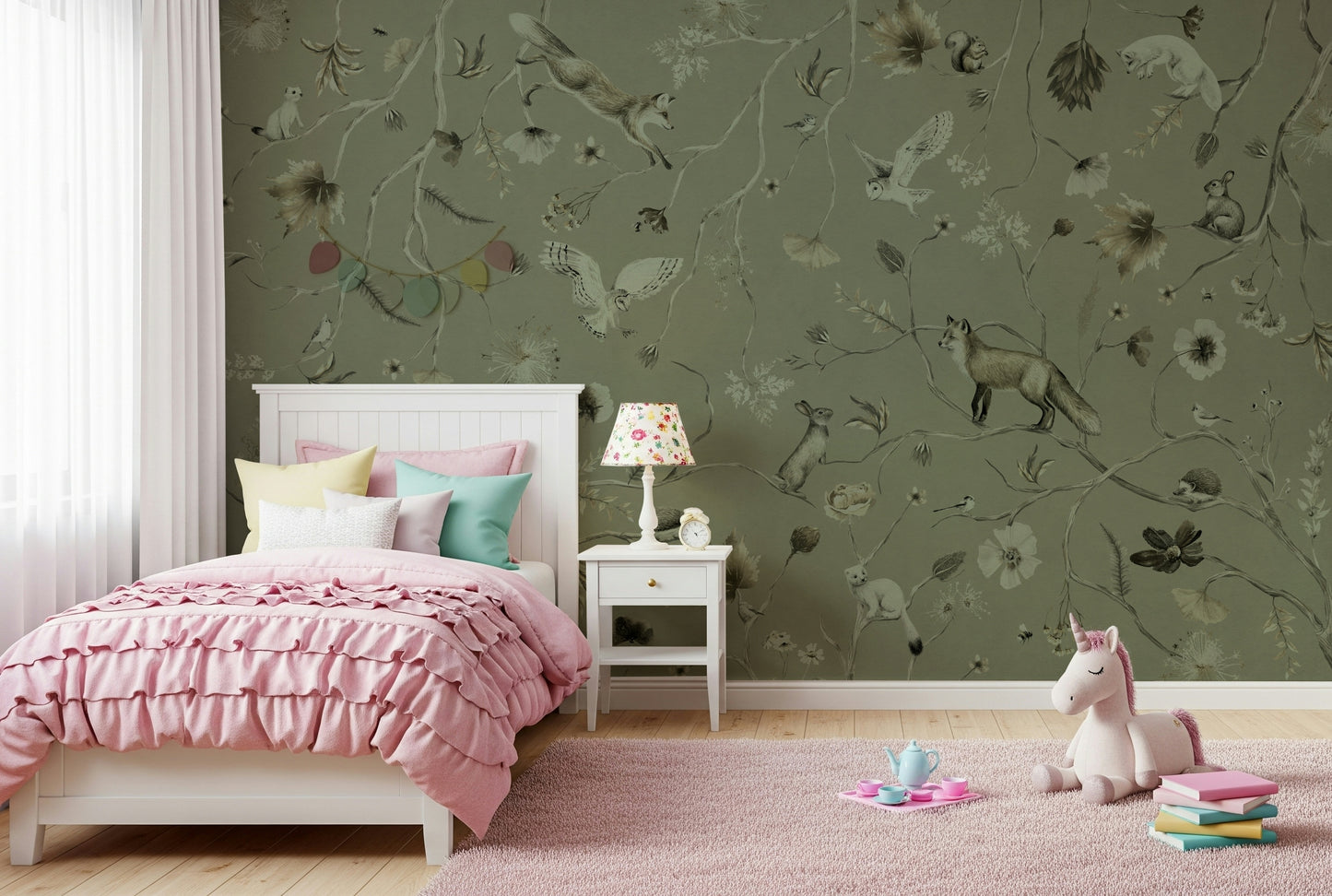 Detailed wall covering capturing the serenity of a forest landscape