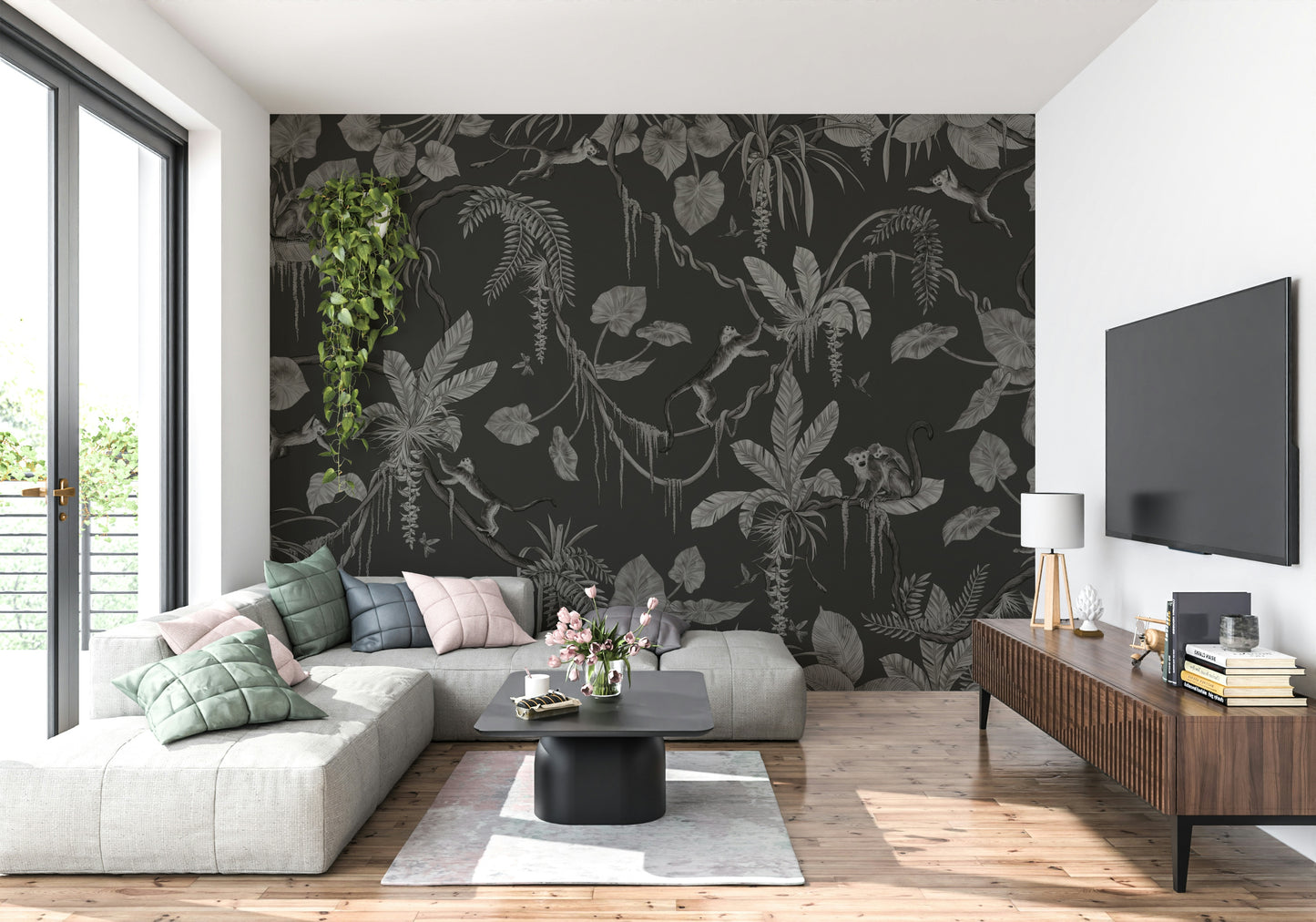 Tropical forest mural with dark tones and subtle evening lighting