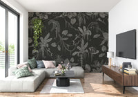 Tropical forest mural with dark tones and subtle evening lighting