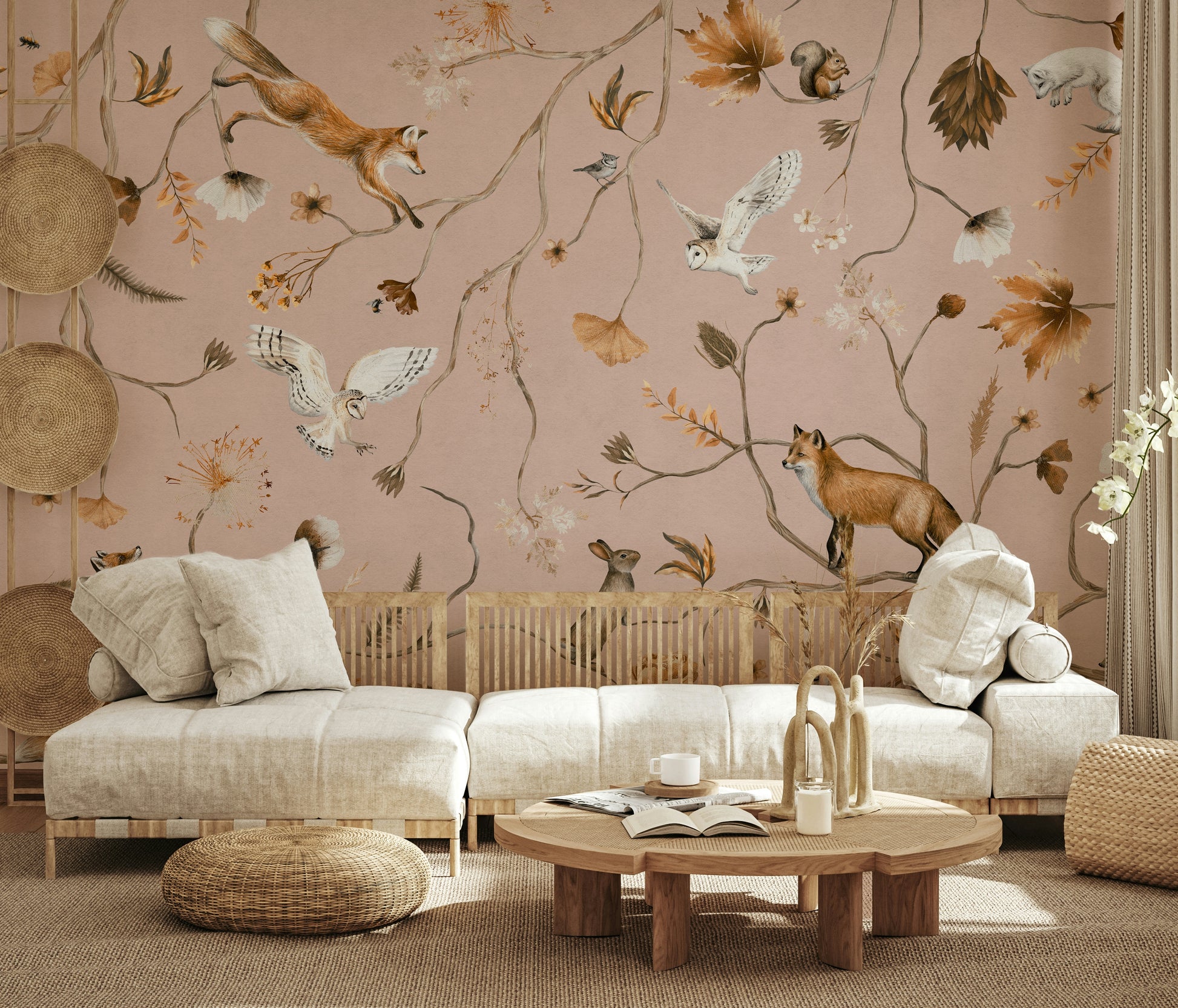 Decorative mural featuring owls, foxes, and deer in a magical woodland
