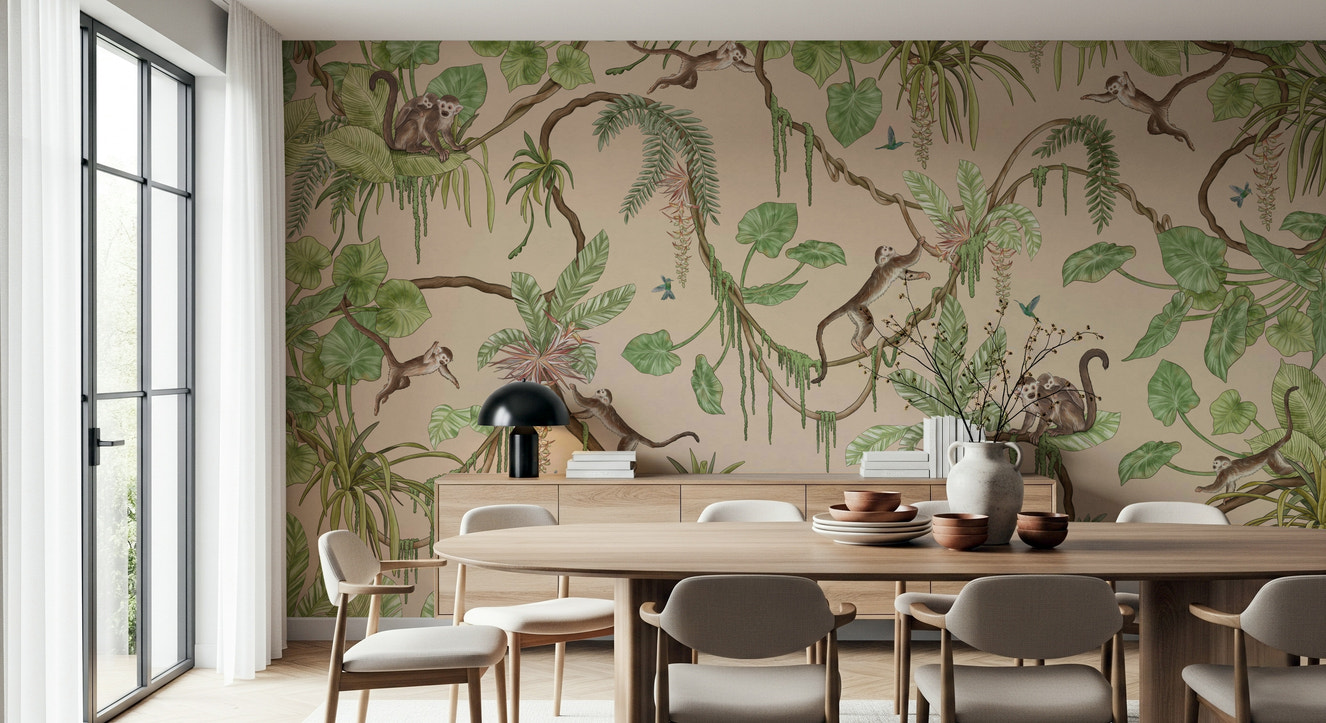 Playful monkeys swinging and exploring a lush tropical jungle mural