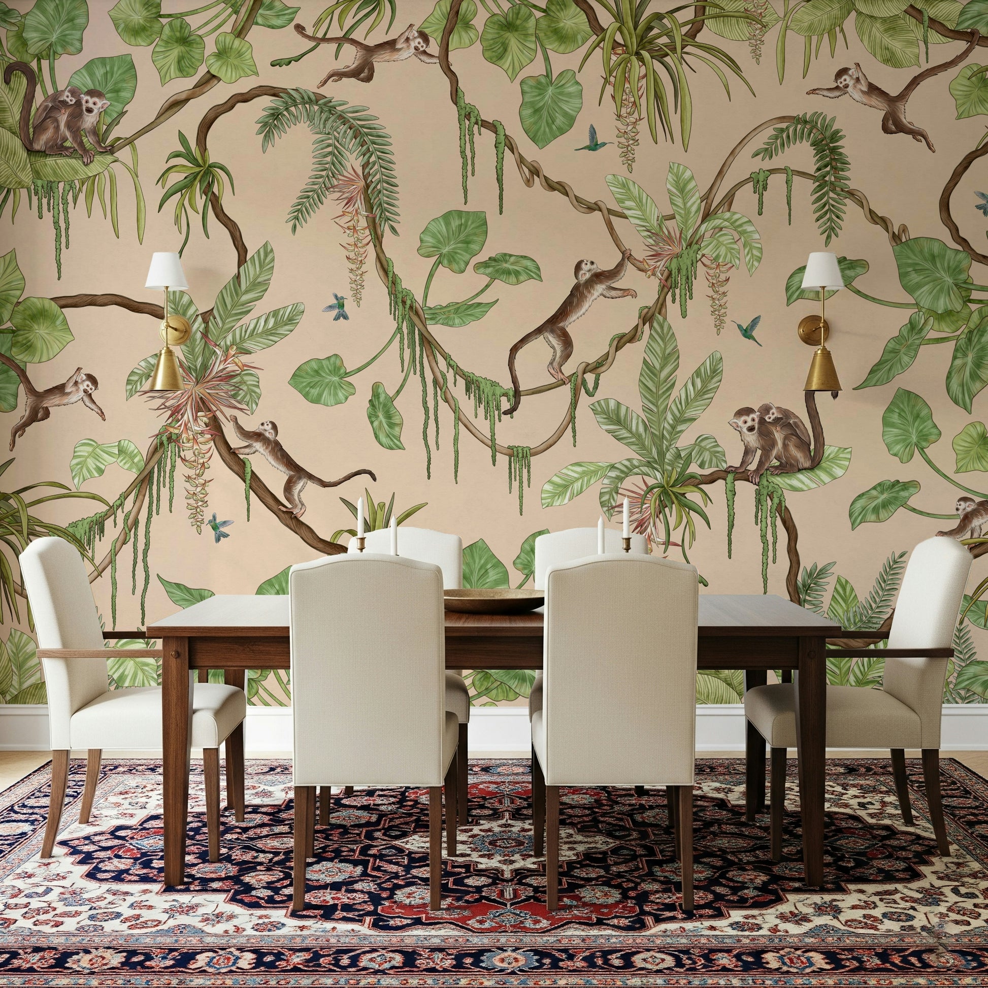 Artistic wall covering blending playful animals with jungle greenery