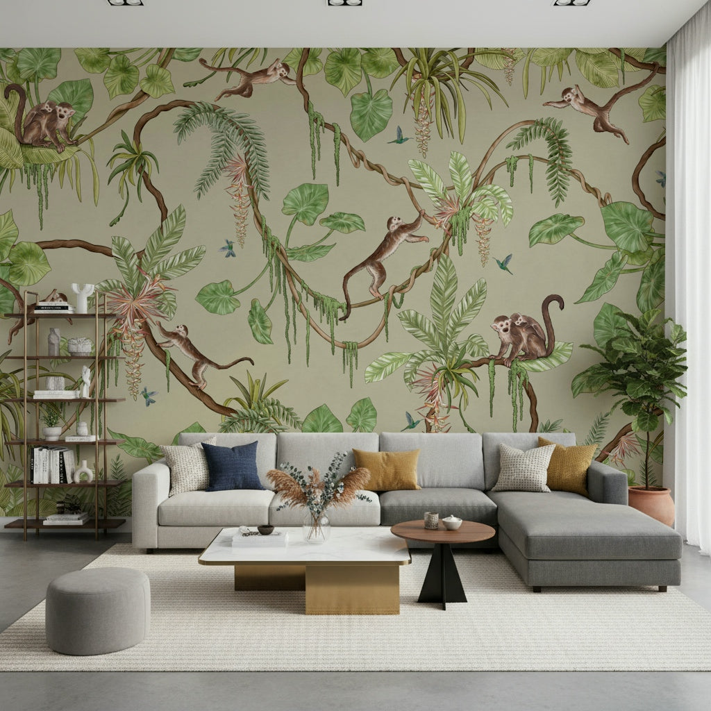 Artistic wall mural blending monkeys, birds, and jungle greenery
