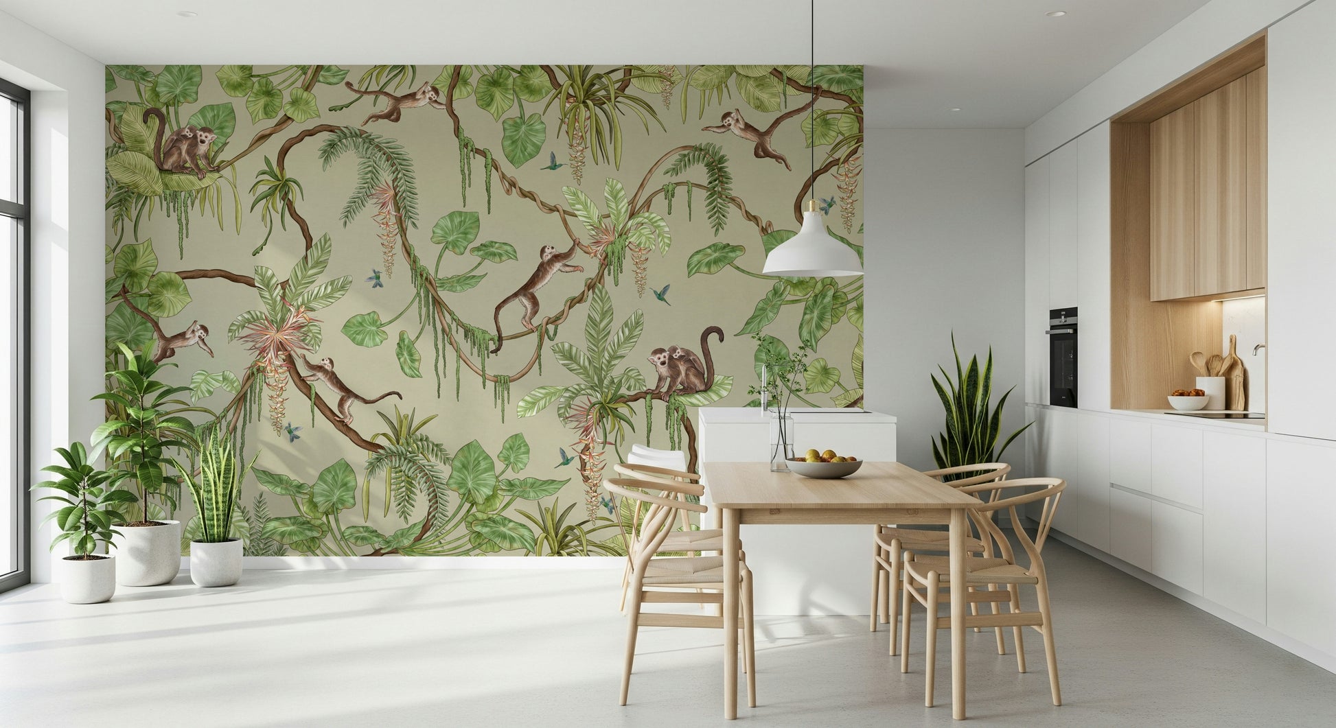 Lush jungle mural with vibrant plants, vines, and playful wildlife