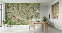 Lush jungle mural with vibrant plants, vines, and playful wildlife
