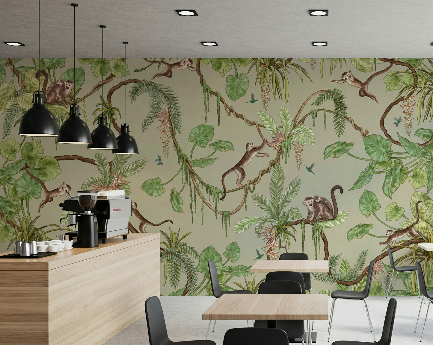 Tropical wall art showing monkeys swinging through trees and colorful birds