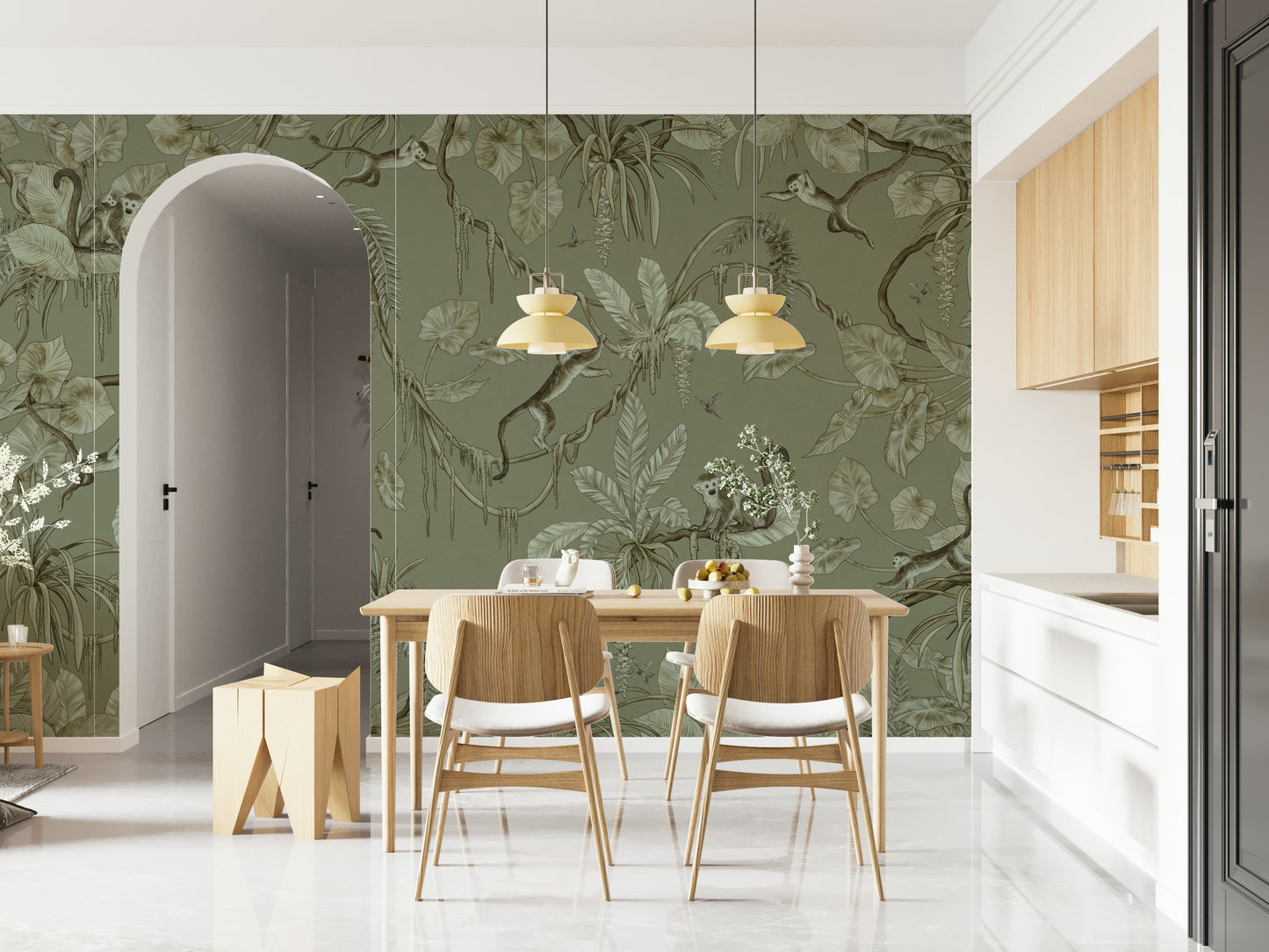 Exotic jungle mural featuring monkeys resting amid flowering vines