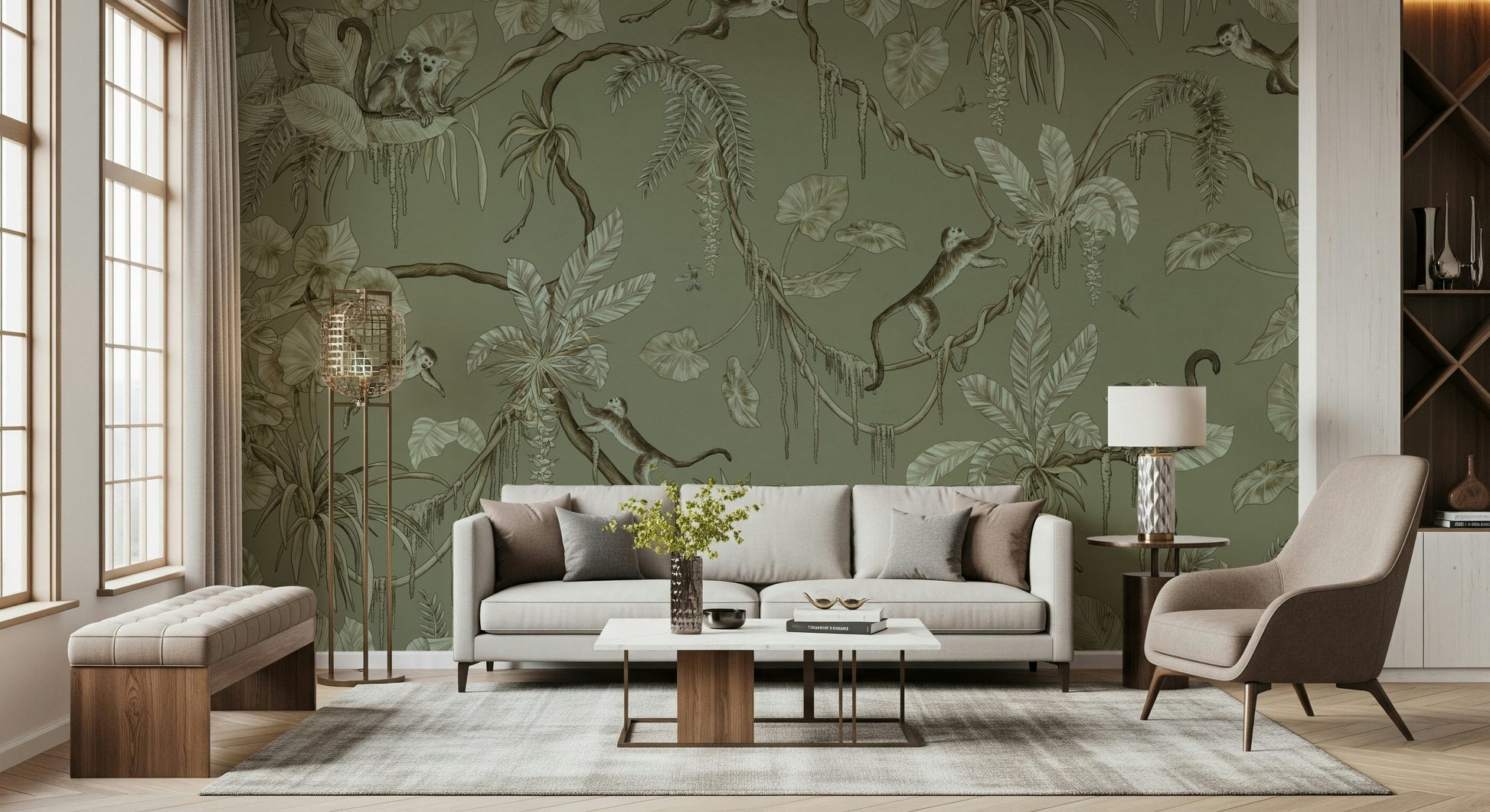Artistic wall covering blending monkeys with dense jungle plants