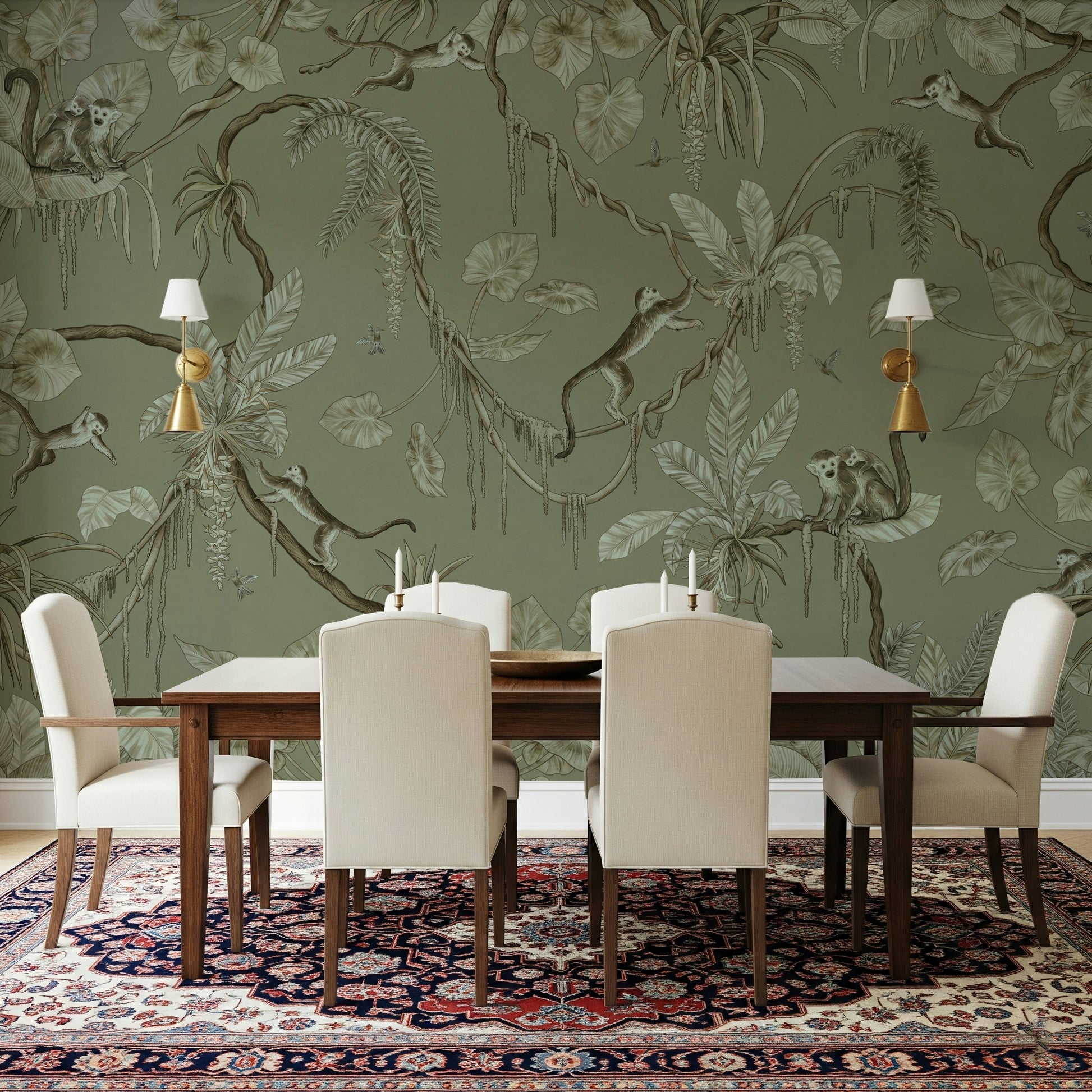 Jungle-inspired mural with playful monkeys and vibrant greenery