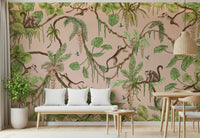 Artistic wall mural blending monkeys with colorful tropical flowers and leaves