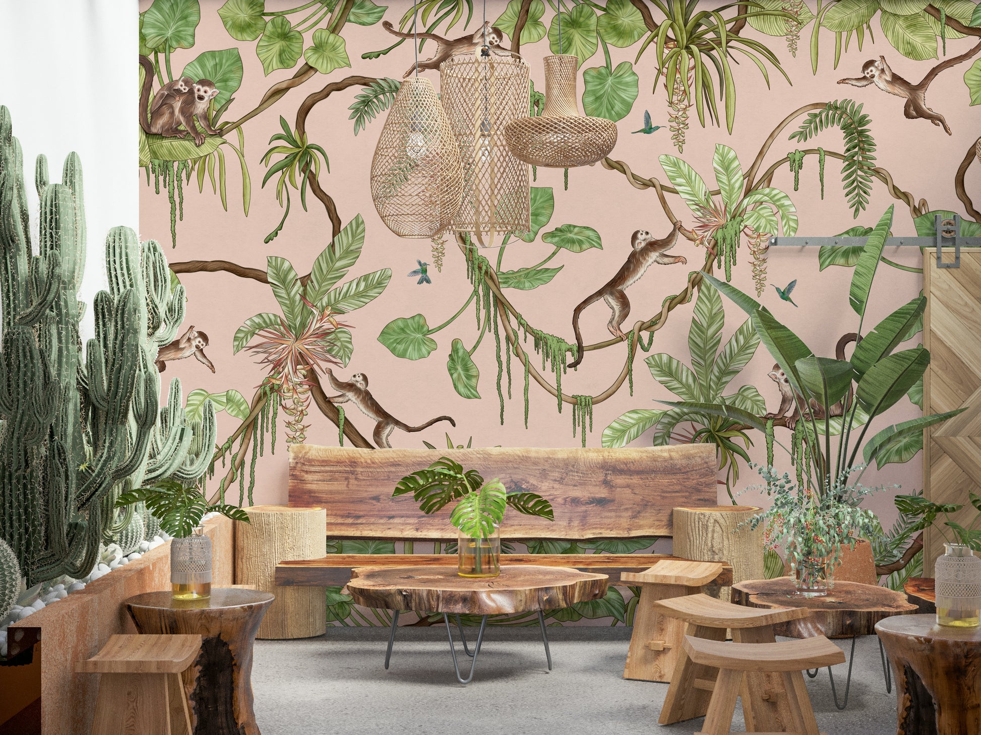 Tropical paradise wallpaper with playful monkeys and vibrant jungle plants