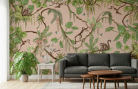 Fun and whimsical mural of monkeys enjoying a vibrant tropical landscape