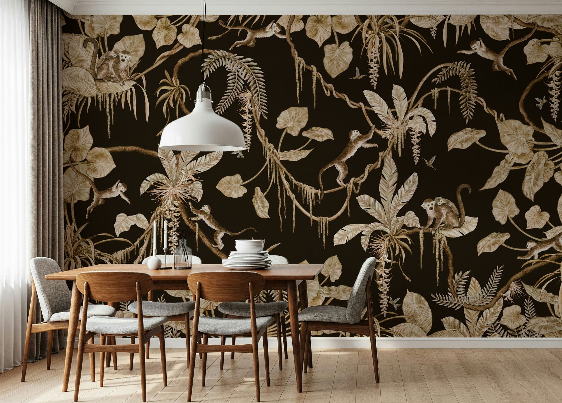 Whimsical wall art showing birds and monkeys among jungle treetops