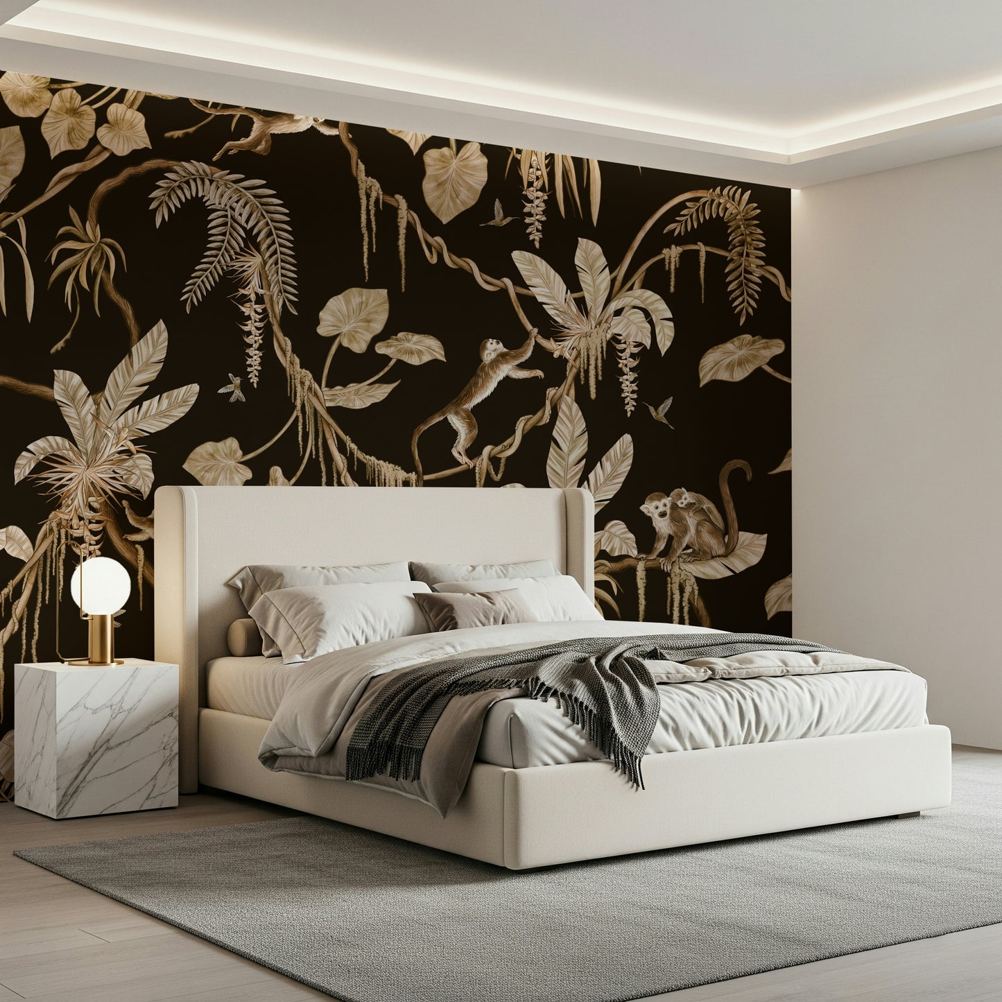 Nature-themed mural highlighting sunlight through lush jungle treetops