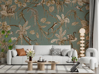 Charming jungle-inspired wallpaper with monkeys and tropical greenery