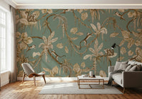 Exotic jungle wallpaper featuring monkeys resting among flowering branches
