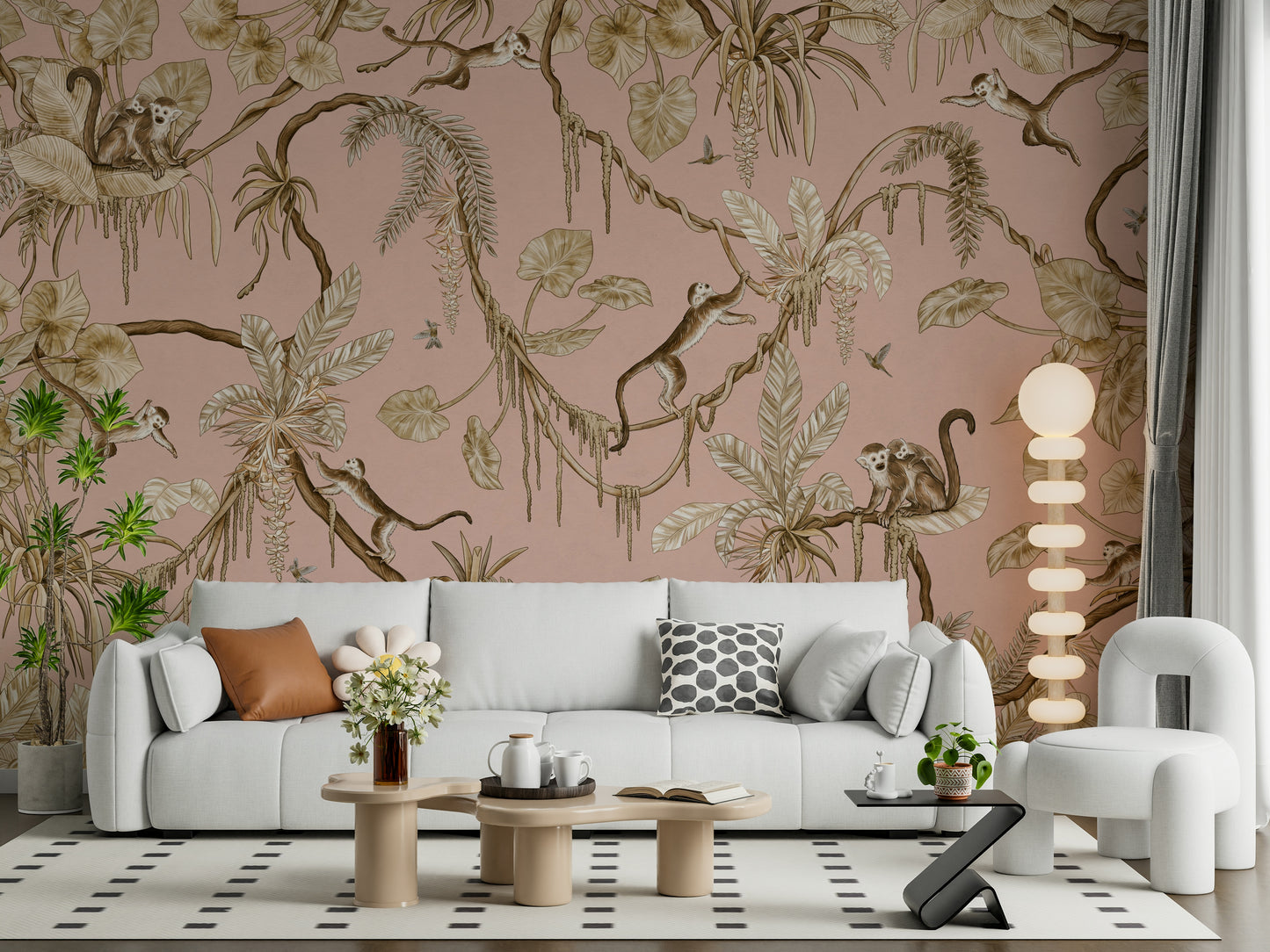 Jungle-inspired wall mural featuring monkeys among pink and green foliage